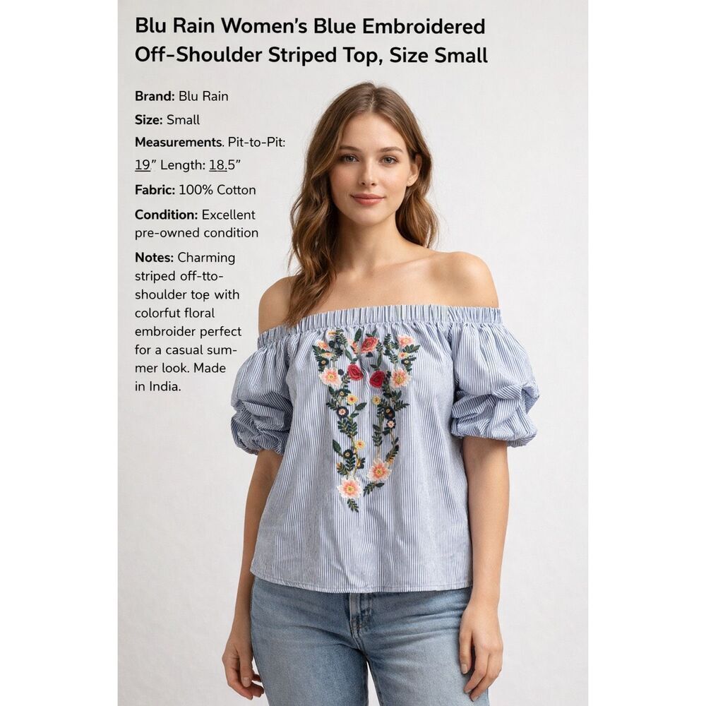 Blu Rain Embroidered Off Shoulder Striped Blouse Small Boho Top
